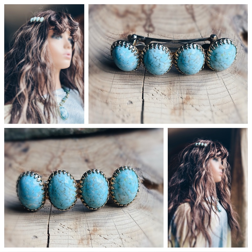 Vintage Turquoise Cabochon Barrette Made in France 2” Western Boho - Picture 13 of 14